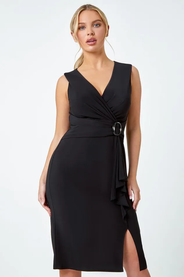 Black Petite Buckle Waterfall Stretch Dress Women Roman Dresses
