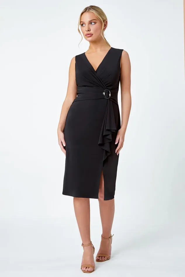 Black Petite Buckle Waterfall Stretch Dress Women Roman Dresses