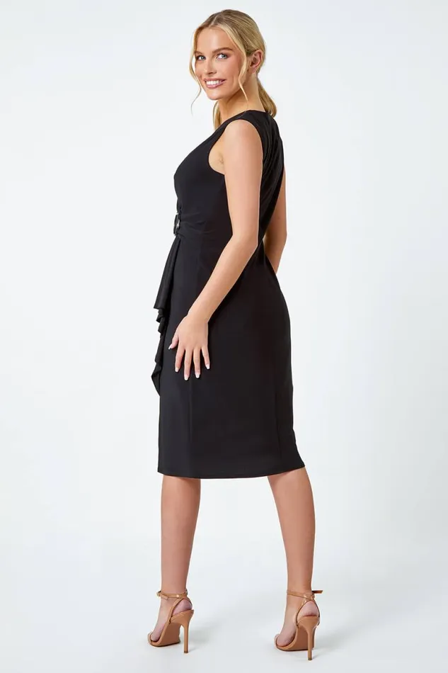 Black Petite Buckle Waterfall Stretch Dress Women Roman Dresses
