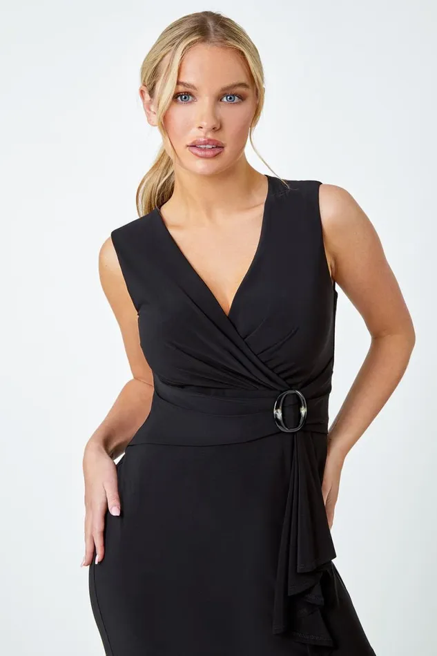 Black Petite Buckle Waterfall Stretch Dress Women Roman Dresses
