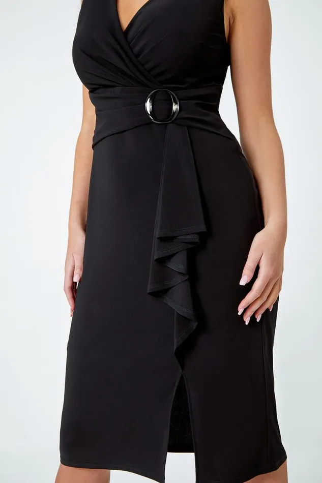 Black Petite Buckle Waterfall Stretch Dress Women Roman Dresses