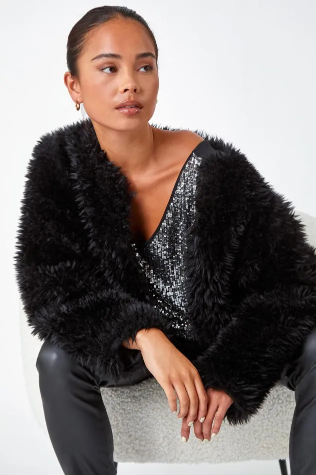 Black Petite Faux Fur Coat Women Roman Coats