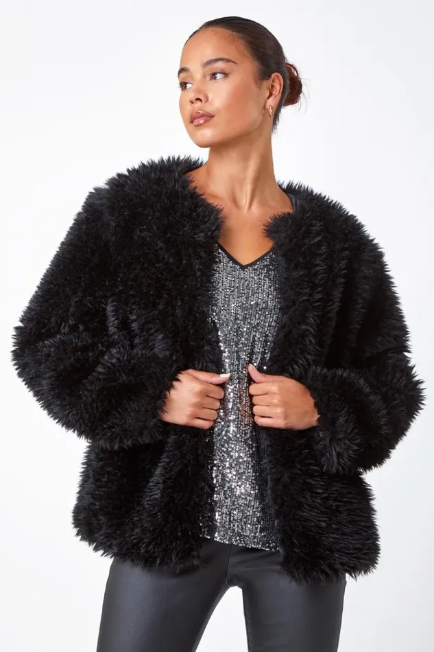 Black Petite Faux Fur Coat Women Roman Coats