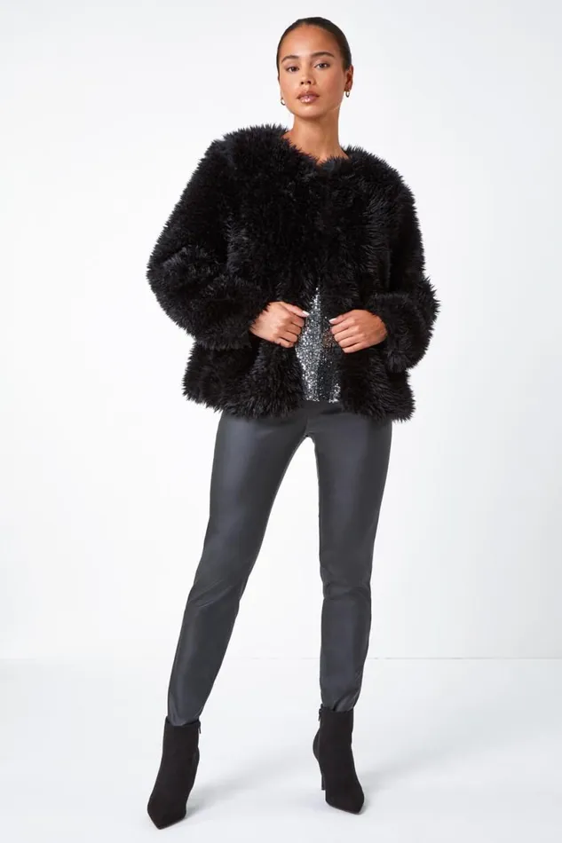 Black Petite Faux Fur Coat Women Roman Coats