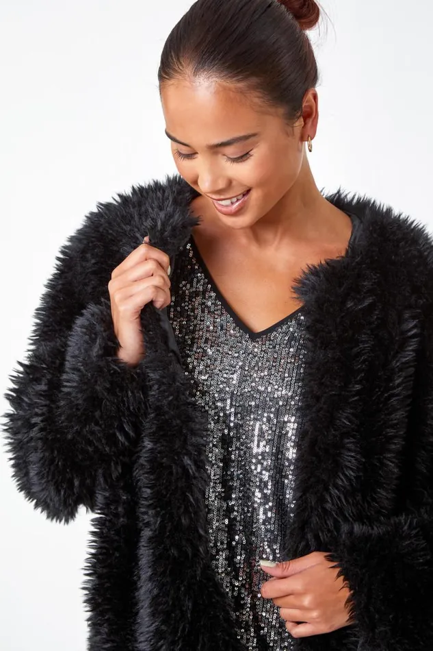 Black Petite Faux Fur Coat Women Roman Coats