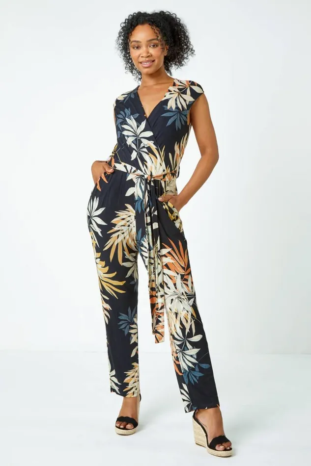 Black Petite Leaf Print Tie Waist Jersey Jumpsuit Women Roman Dresses