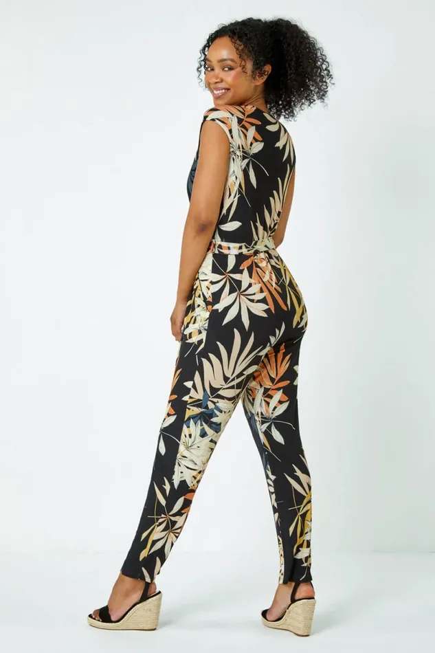 Black Petite Leaf Print Tie Waist Jersey Jumpsuit Women Roman Dresses
