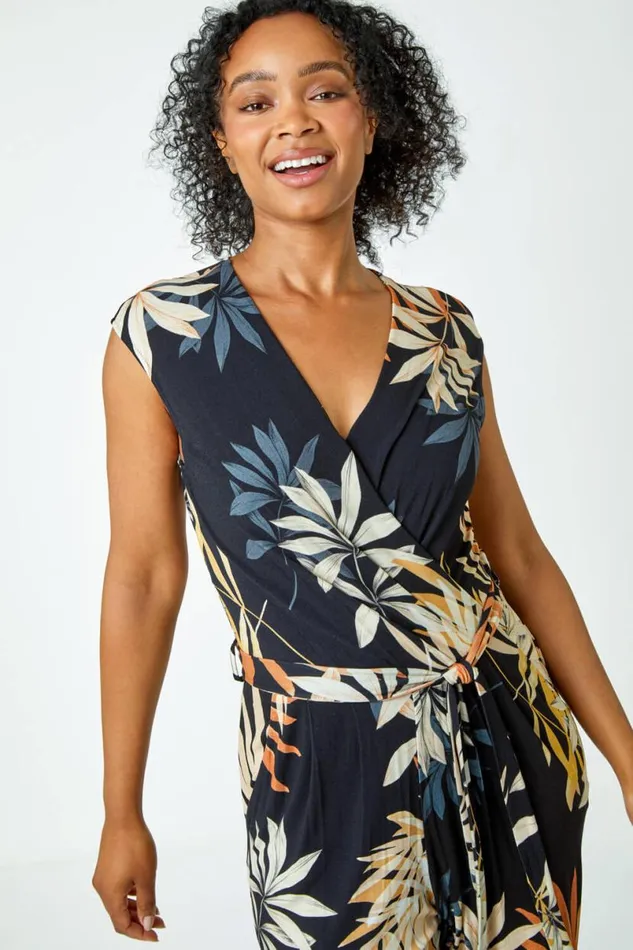 Black Petite Leaf Print Tie Waist Jersey Jumpsuit Women Roman Dresses