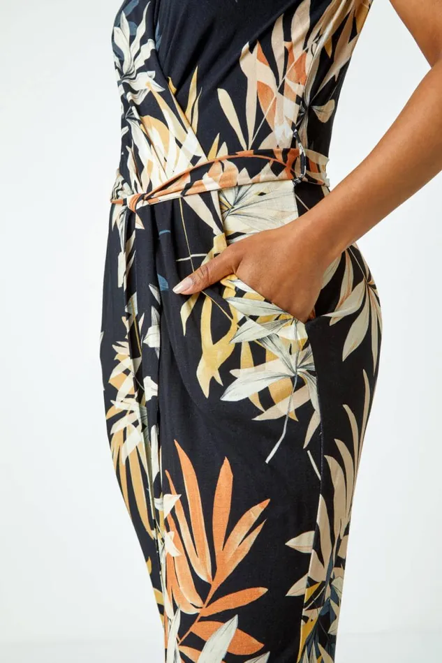 Black Petite Leaf Print Tie Waist Jersey Jumpsuit Women Roman Dresses