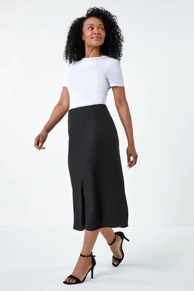 Black Petite Plain Bias Cut Midi Skirt Women Roman Skirts
