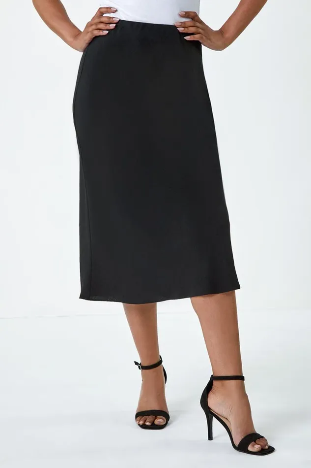 Black Petite Plain Bias Cut Midi Skirt Women Roman Skirts