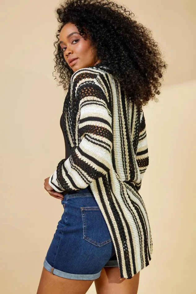 Black Petite Stripe Longline Knit Cardigan Women Roman Knitwear