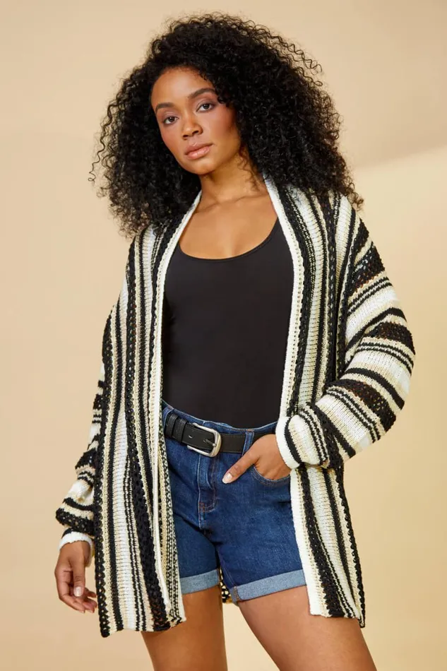 Black Petite Stripe Longline Knit Cardigan Women Roman Knitwear