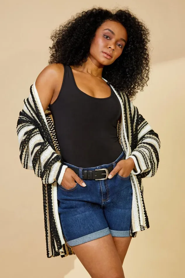 Black Petite Stripe Longline Knit Cardigan Women Roman Knitwear