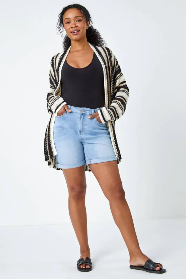 Black Petite Stripe Longline Knit Cardigan Women Roman Knitwear