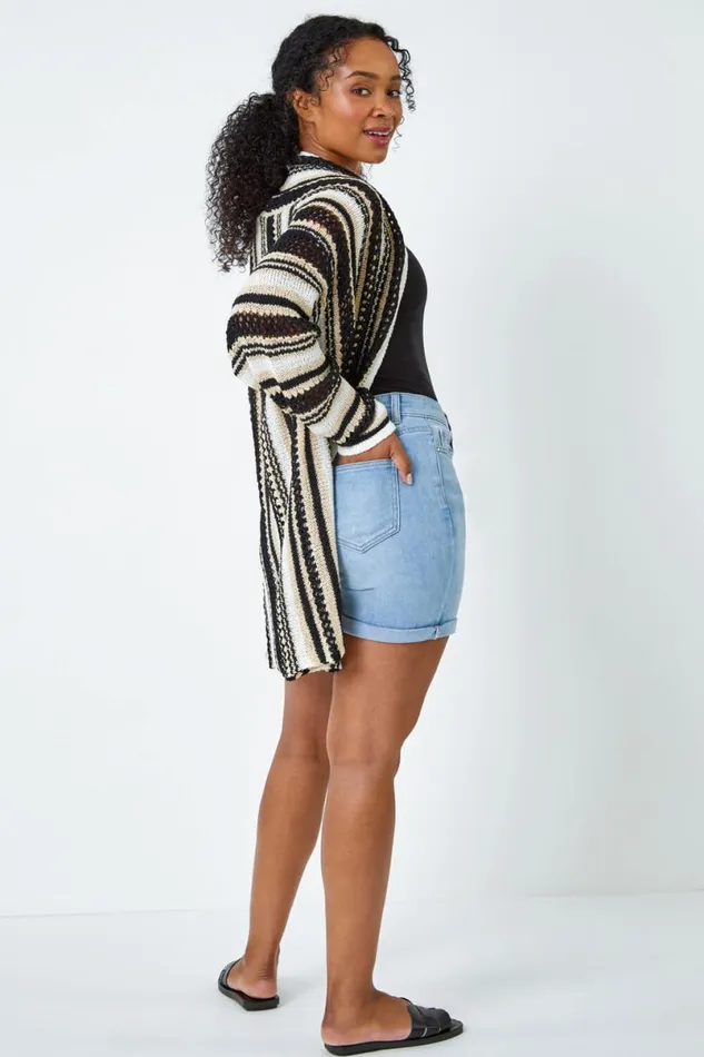 Black Petite Stripe Longline Knit Cardigan Women Roman Knitwear