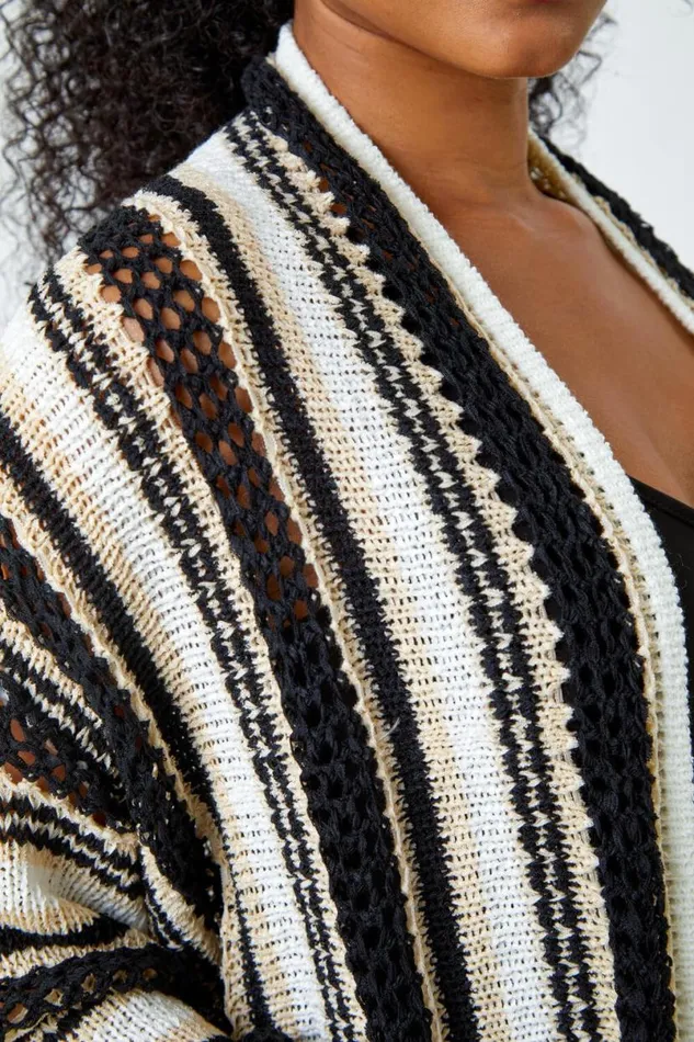Black Petite Stripe Longline Knit Cardigan Women Roman Knitwear