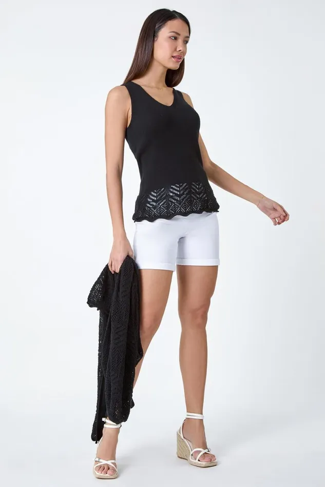 Black Pointelle Cotton Knit VNeck Vest Women Roman Tops