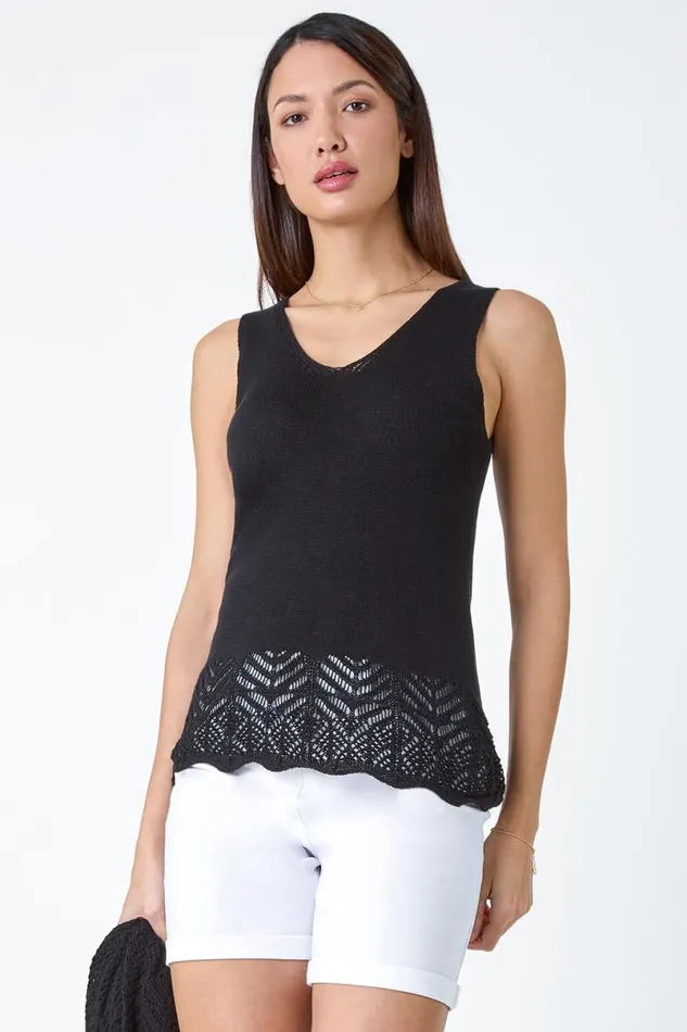 Black Pointelle Cotton Knit VNeck Vest Women Roman Tops