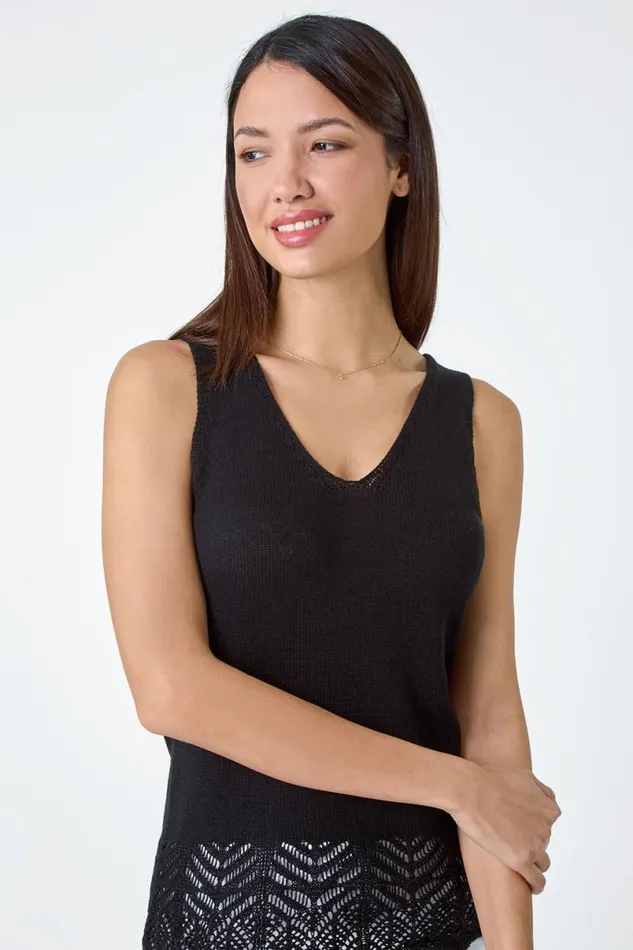 Black Pointelle Cotton Knit VNeck Vest Women Roman Tops