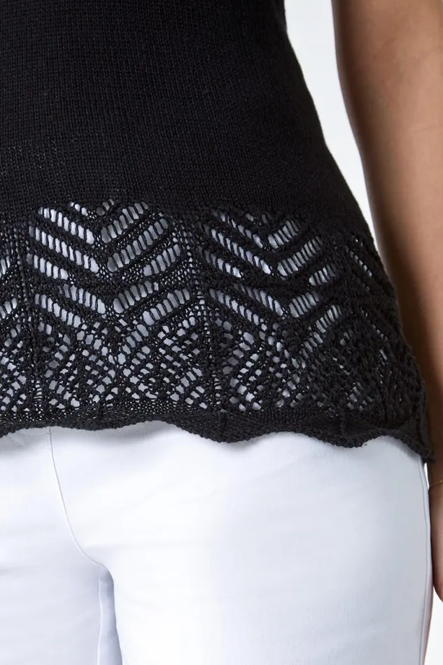 Black Pointelle Cotton Knit VNeck Vest Women Roman Tops