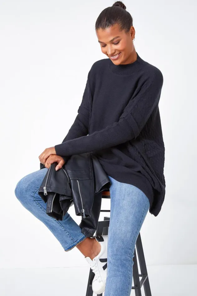Black Relaxed High Neck Knitted Longline Jumper Women Roman Knitwear