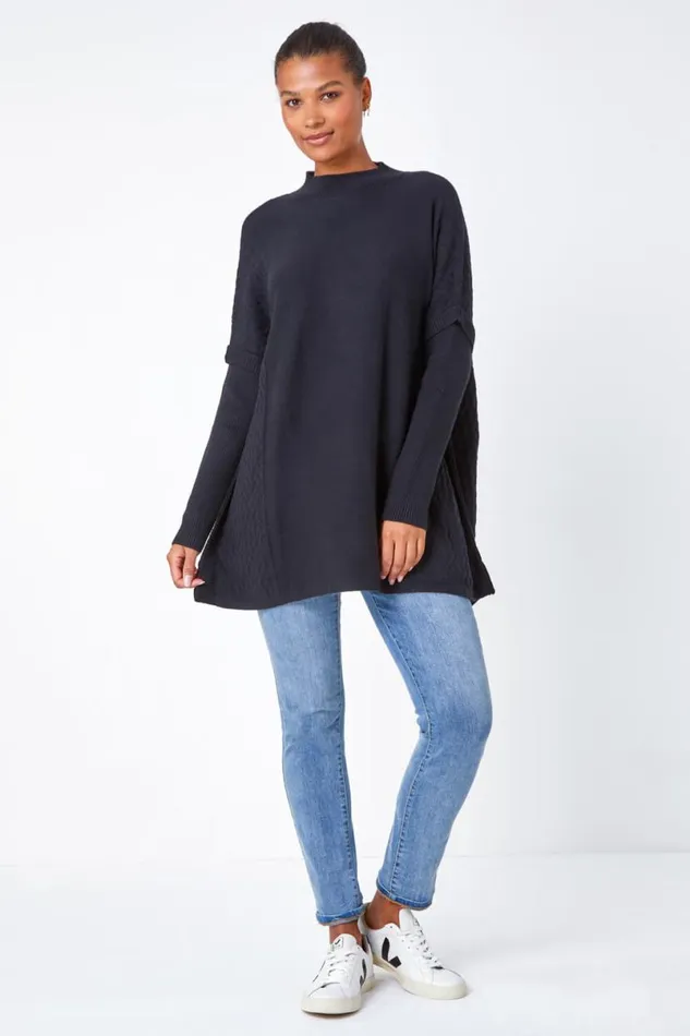 Black Relaxed High Neck Knitted Longline Jumper Women Roman Knitwear