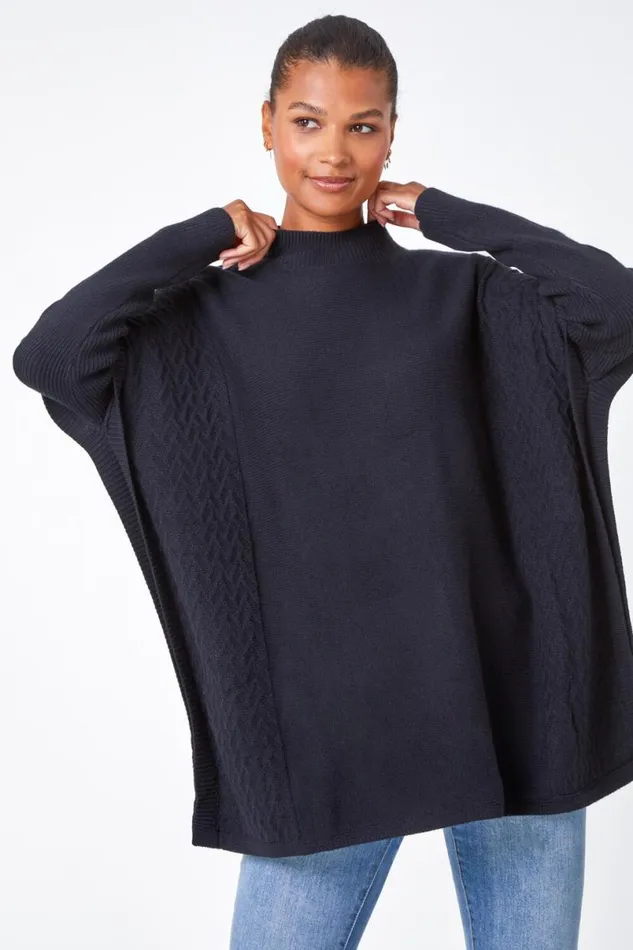 Black Relaxed High Neck Knitted Longline Jumper Women Roman Knitwear