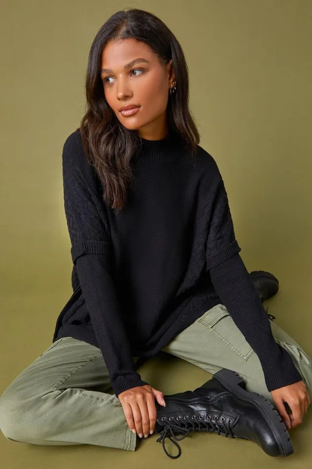 Black Relaxed High Neck Knitted Longline Jumper Women Roman Knitwear