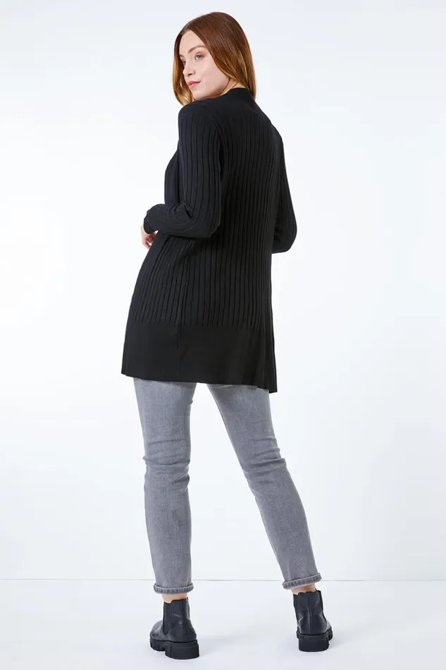 Black Ribbed Edge To Edge Cardigan Women Roman Knitwear