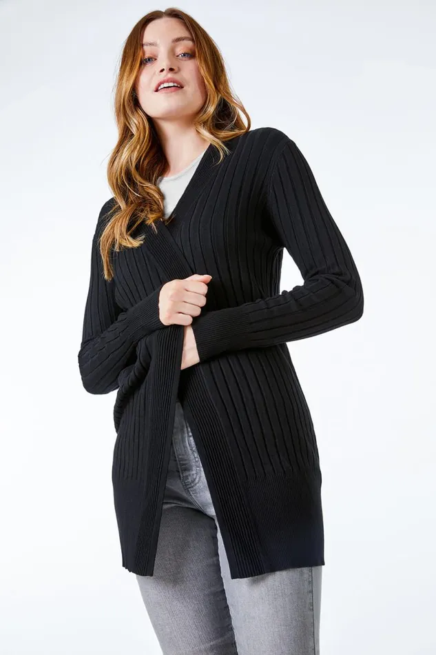 Black Ribbed Edge To Edge Cardigan Women Roman Knitwear