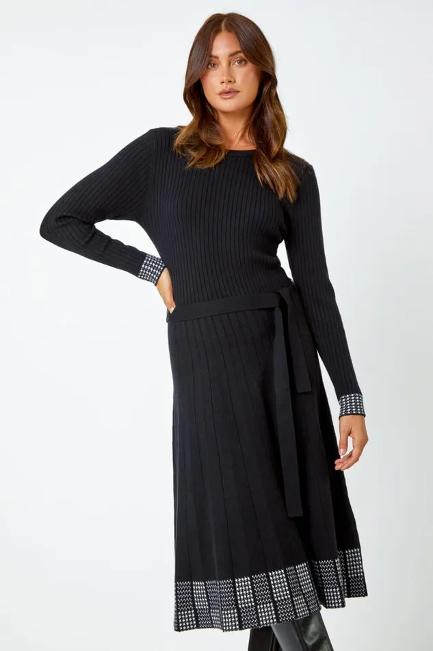Black Ribbed Stretch Knit Border Print Dress Women Roman Dresses