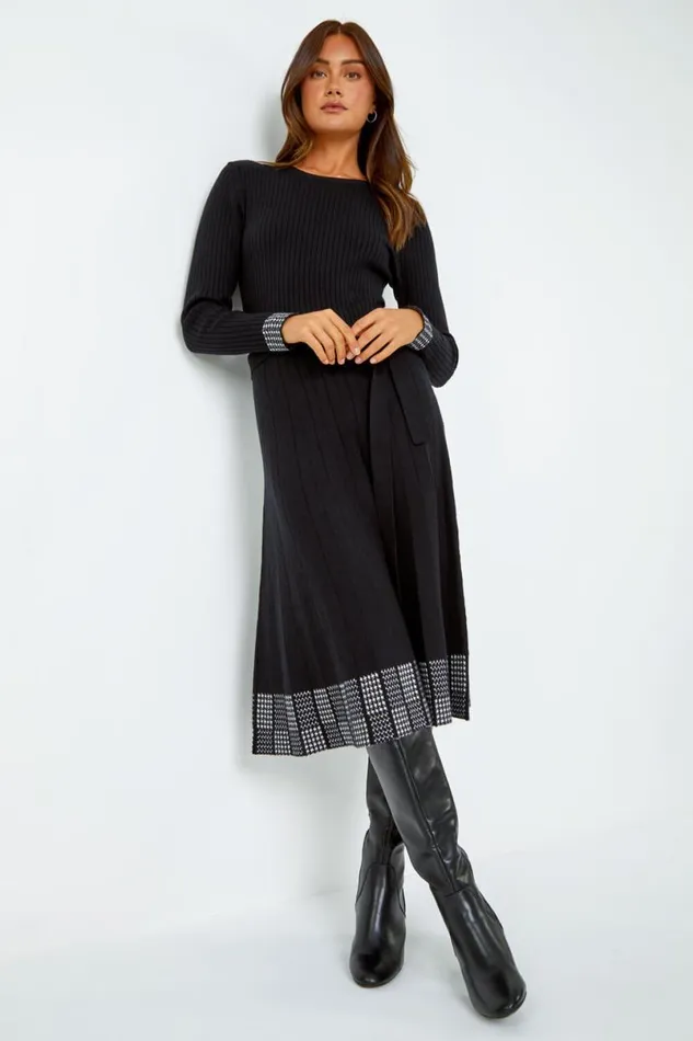 Black Ribbed Stretch Knit Border Print Dress Women Roman Dresses