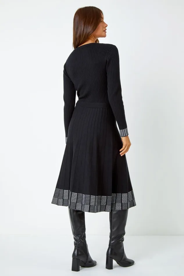Black Ribbed Stretch Knit Border Print Dress Women Roman Dresses