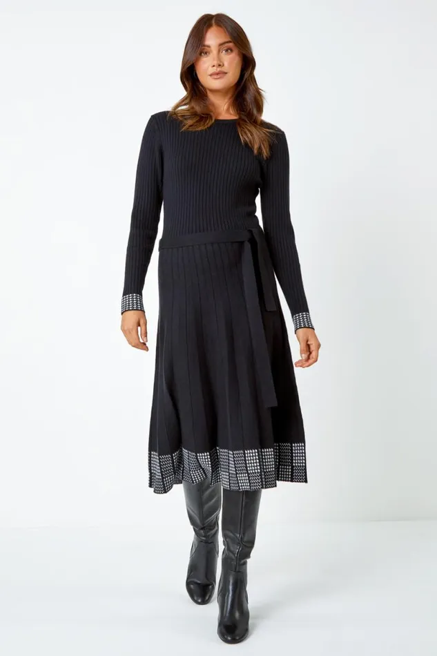 Black Ribbed Stretch Knit Border Print Dress Women Roman Dresses