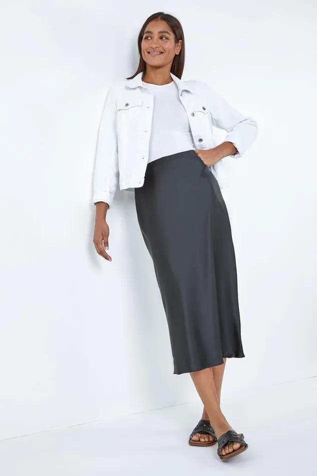 Black Satin Bias Cut Elastic Waist Midi Skirt Women Roman Skirts