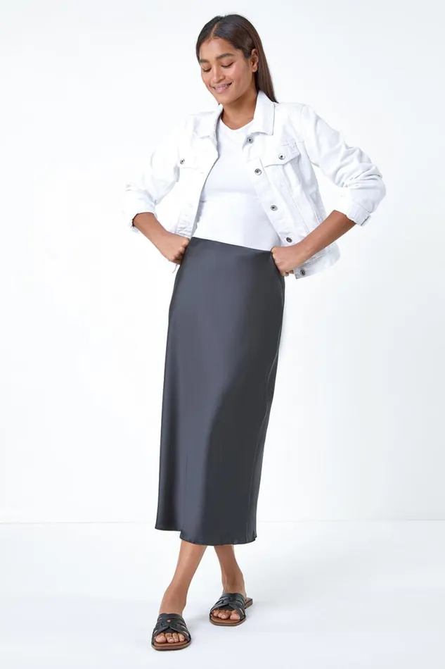 Black Satin Bias Cut Elastic Waist Midi Skirt Women Roman Skirts