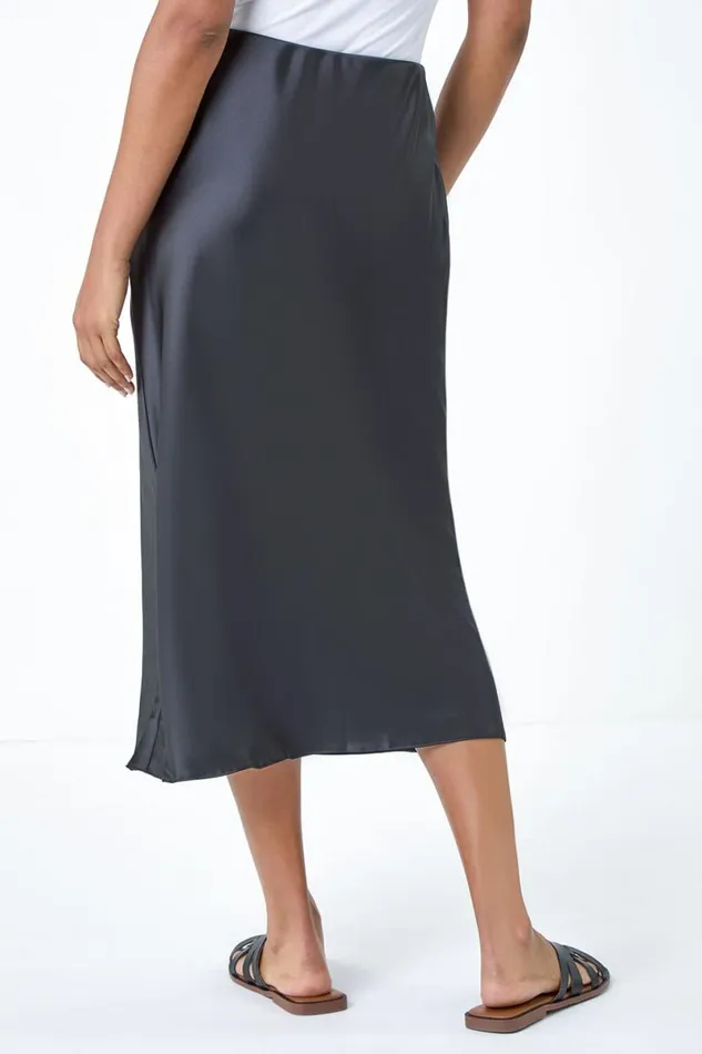 Black Satin Bias Cut Elastic Waist Midi Skirt Women Roman Skirts