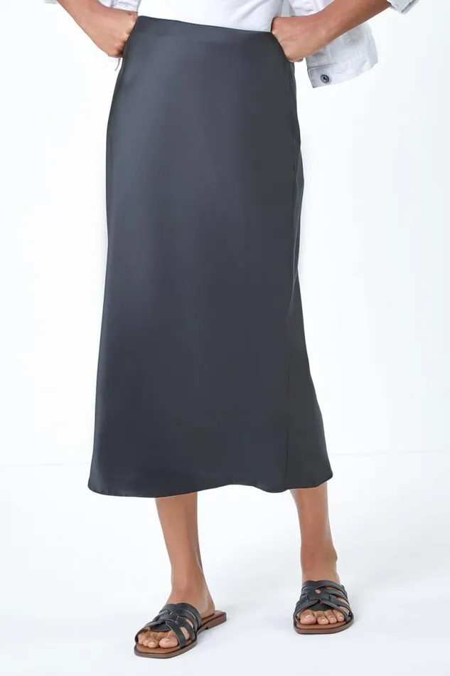 Black Satin Bias Cut Elastic Waist Midi Skirt Women Roman Skirts