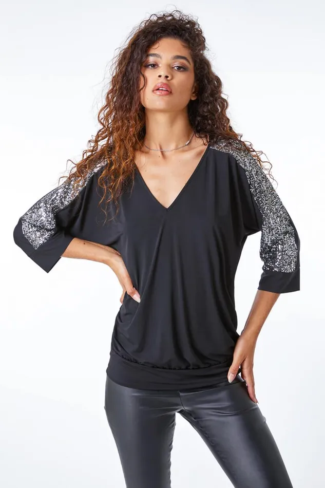 Black Sequin Trim Stretch Jersey Top Women Roman Tops
