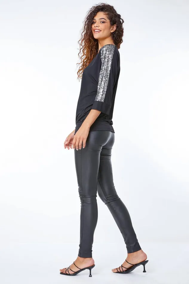 Black Sequin Trim Stretch Jersey Top Women Roman Tops