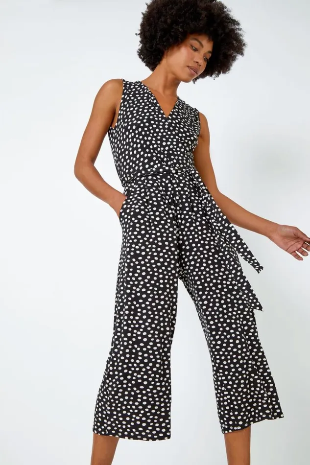 Black Sleeveless Spot Culotte Stretch Jumpsuit Women Roman Dresses
