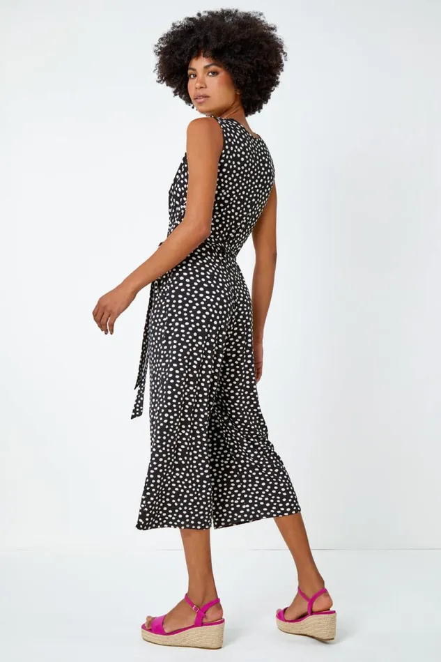 Black Sleeveless Spot Culotte Stretch Jumpsuit Women Roman Dresses