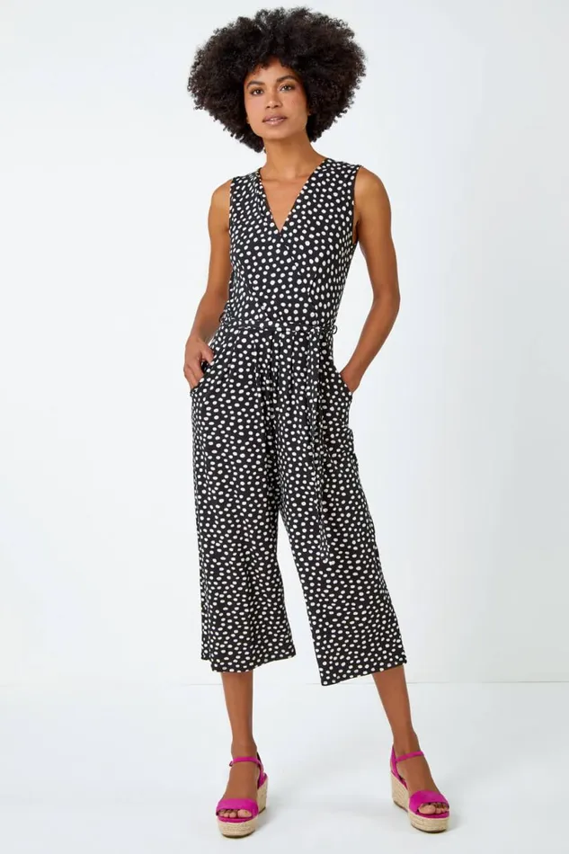 Black Sleeveless Spot Culotte Stretch Jumpsuit Women Roman Dresses