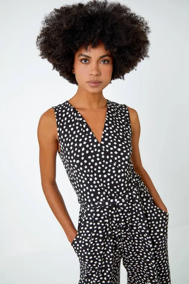 Black Sleeveless Spot Culotte Stretch Jumpsuit Women Roman Dresses