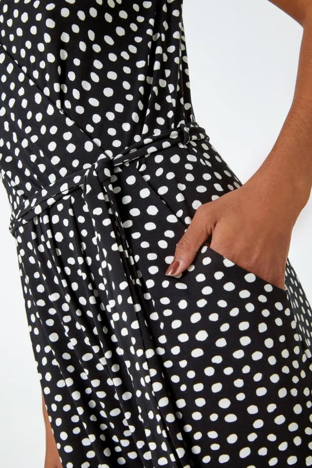 Black Sleeveless Spot Culotte Stretch Jumpsuit Women Roman Dresses