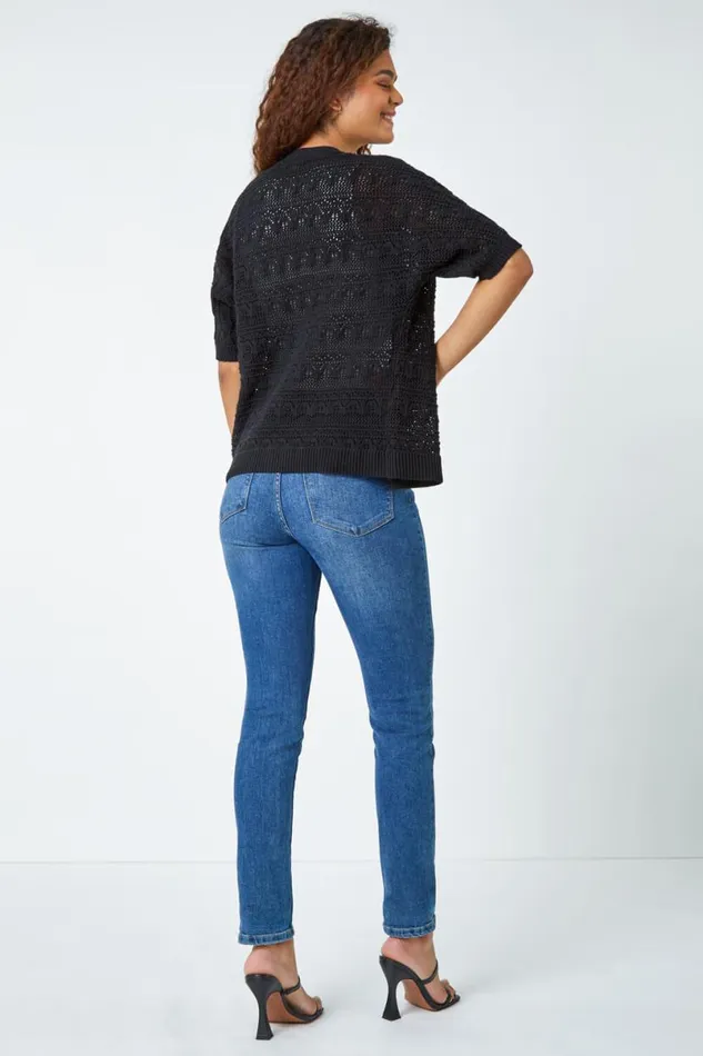 Black Stitch Detail Knit Cardigan Women Roman Knitwear