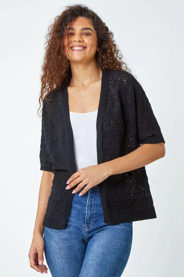 Black Stitch Detail Knit Cardigan Women Roman Knitwear