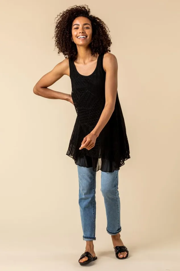 Black Stretch Lace Hanky Hem Vest Top Women Roman Tops