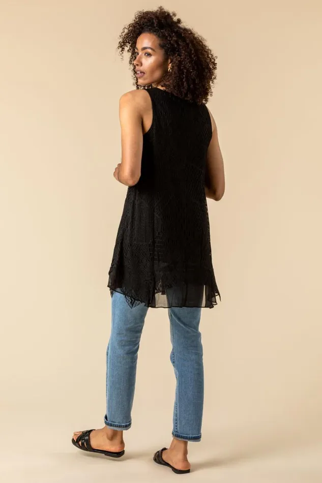 Black Stretch Lace Hanky Hem Vest Top Women Roman Tops